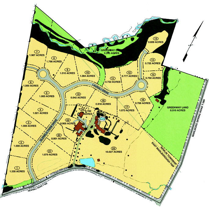Community Site Plan showing lots and community layout. The average lot size is nine tenths of an acre.