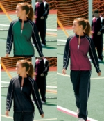 Soft Olympian Polyknit with semi-matte finish, designed to compliment a women's figure,
Tri-color design accented with raised white piping, on seam zippered pockets, matching pants offered