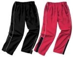 Soft Olympian Polyknit with semi-matte finish,
tri-color design accented by raised white piping, open bottom pant hem with 12
