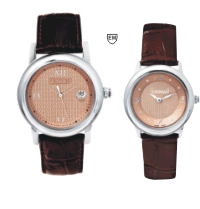 Chicago - Satin-Finished, Stainless Steel with
 Engraved Rose-Gold Dial, Calendar on Men's Version, Croc-Embossed Brown leather Strap. 38MM